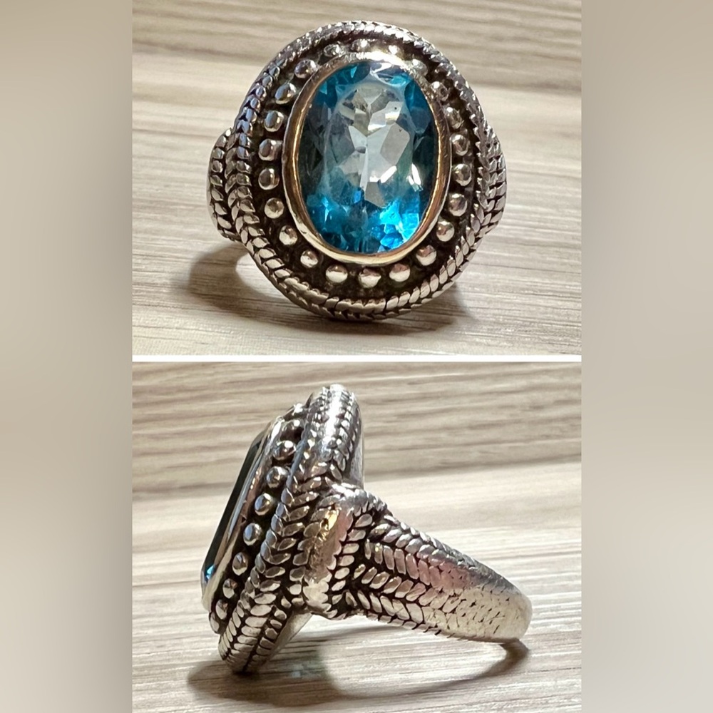Vintage Designer Signed BJC Sterling Silver & 18K Gold Blue Topaz Ring,Size 5.75